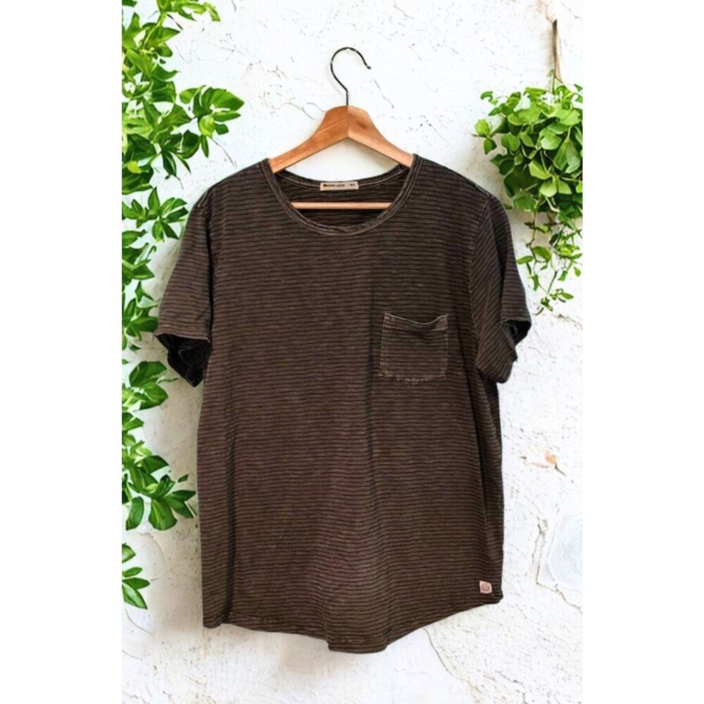 Marine Layer T-Shirt M/L Olive Green Navy Stripe Signature Pocket Style 15101